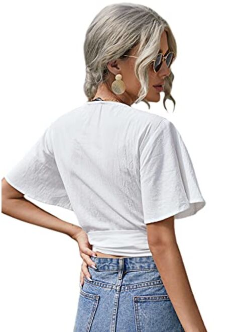 SweatyRocks Women's Short Sleeve Wrap V Neck Tie Front Crop Blouse Shirt Top