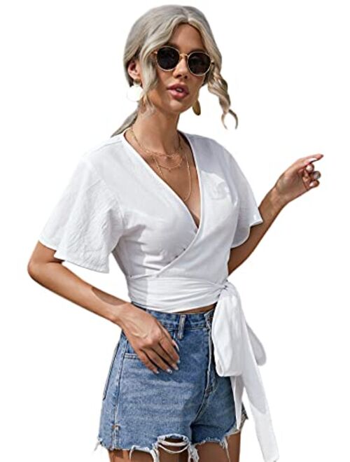 SweatyRocks Women's Short Sleeve Wrap V Neck Tie Front Crop Blouse Shirt Top