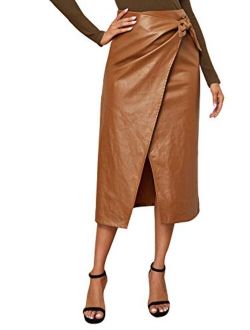 Women's Elegant High Waist Knot Side Wrap PU Leather Midi Skirt