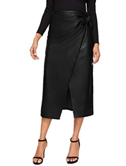 Women's Elegant High Waist Knot Side Wrap PU Leather Midi Skirt