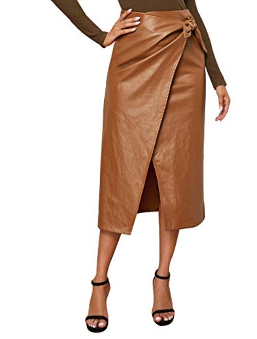 SweatyRocks Women's Elegant High Waist Knot Side Wrap PU Leather Midi Skirt