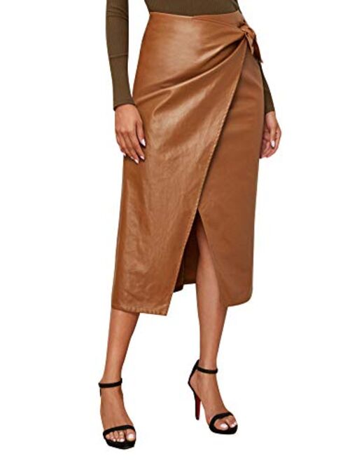 SweatyRocks Women's Elegant High Waist Knot Side Wrap PU Leather Midi Skirt