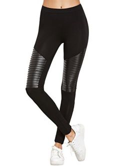 Women's Faux Leather Inserted Leggings Outfit Yoga Tights