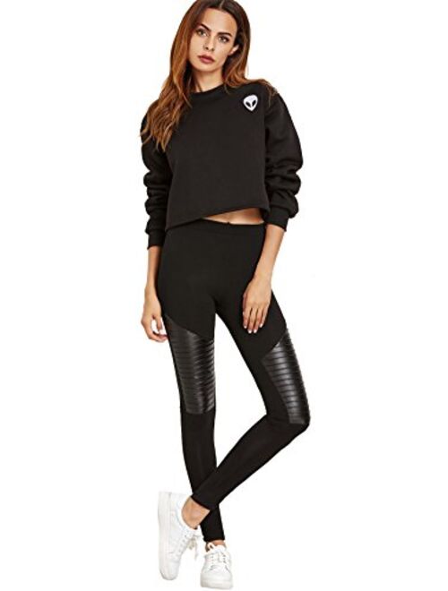 SweatyRocks Women's Faux Leather Inserted Leggings Outfit Yoga Tights