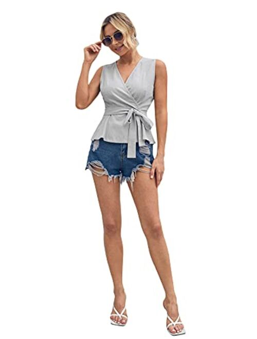 SweatyRocks Women's Sleeveless Tank Top Wrap V Neck Belted Blouse Shirt