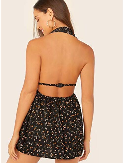 SweatyRocks Women's Elegant Summer Floral Deep V Neck Open Back Halter Ruffle Hem Short Romper Jumpsuit