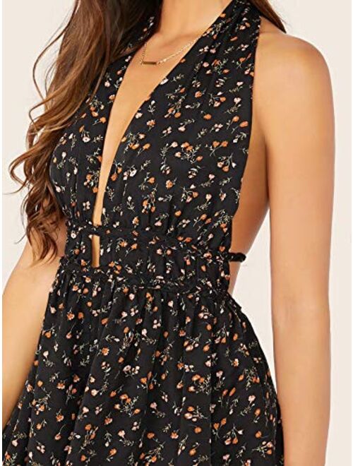 SweatyRocks Women's Elegant Summer Floral Deep V Neck Open Back Halter Ruffle Hem Short Romper Jumpsuit