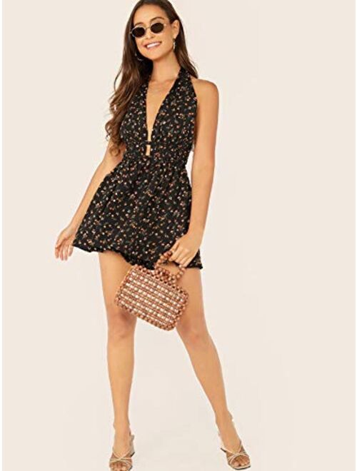 SweatyRocks Women's Elegant Summer Floral Deep V Neck Open Back Halter Ruffle Hem Short Romper Jumpsuit
