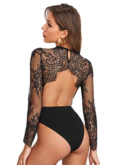 SweatyRocks Women's Sexy Lace V Neck Clubwear Top Sheer Mesh Long Sleeve Bodysuit