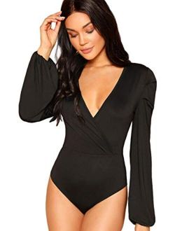 Women's Sexy Deep V Neck Wrap Front Long Sleeve Bodysuits Jumpsuits