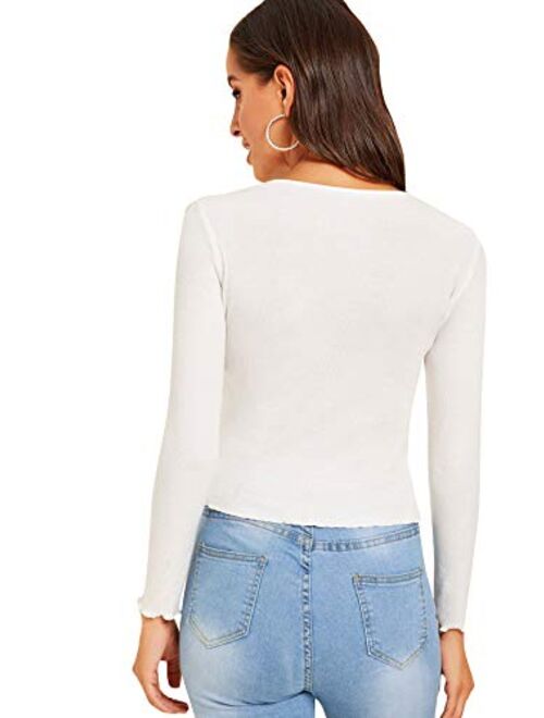 SweatyRocks Women's Casual Knit Lettuce Trim Solid Basic Long Sleeve T Shirt Top