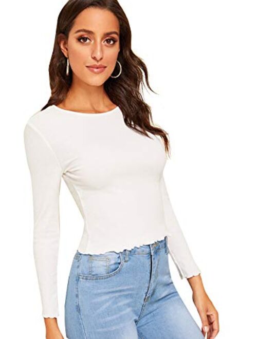 SweatyRocks Women's Casual Knit Lettuce Trim Solid Basic Long Sleeve T Shirt Top