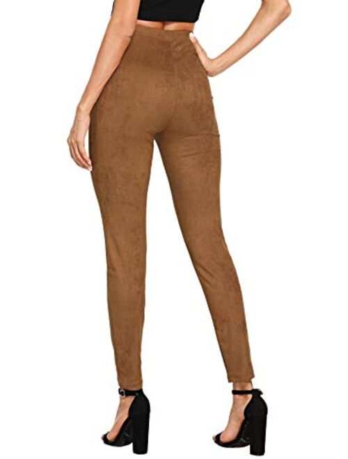 SweatyRocks Women's High Waisted Soft Slim Casual Pants Solid Suede Leggings