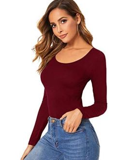 Womens Long Sleeve Scoop Neck Basic Solid Slim fit Tee Shirt Top