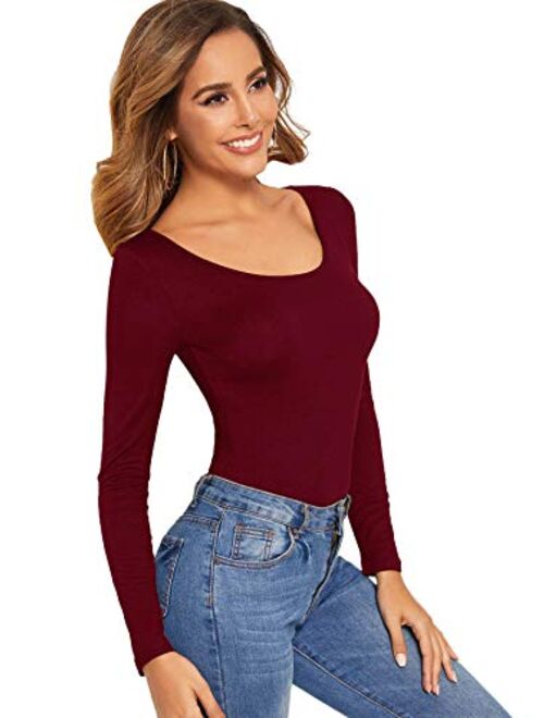 SweatyRocks Womens Long Sleeve Scoop Neck Basic Solid Slim fit Tee Shirt Top