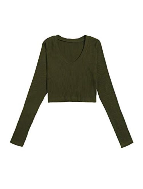 SweatyRocks Women's Casual Solid Long Sleeve V Neck T-Shirt Crop Top
