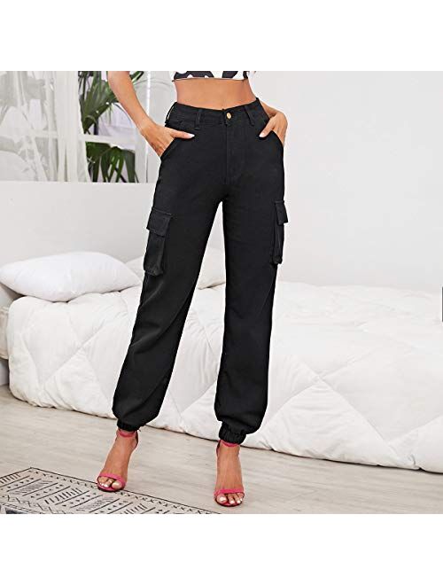 SweatyRocks Women's Casual Cargon Pants Elastic Waist Sweatpants with Pockets