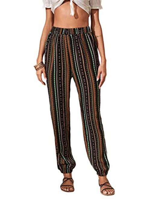 SweatyRocks Women's Comfy Bohemian Tapered Tribal Print Loose Yoga Travel Pants