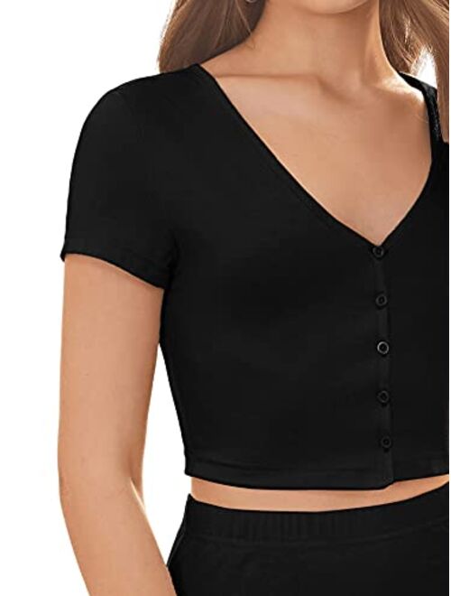 SweatyRocks Women's Women's 2 Pieces Cap Sleeve V Neck Casual Buttoned Front Crop Tee & Fresh Skirt Set