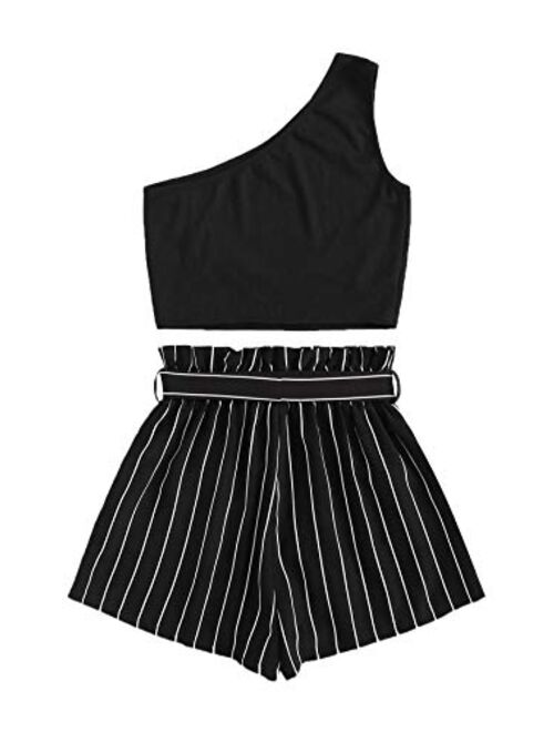 SweatyRocks Women's 2 Piece Outfit One Shoulder Crop Top with Striped Shorts Set