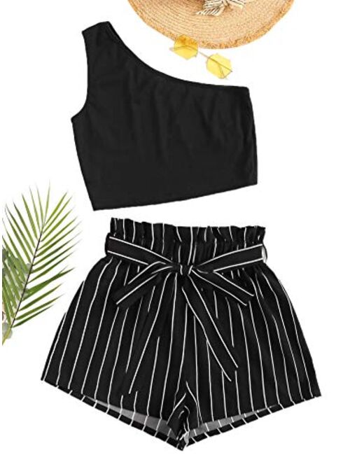 SweatyRocks Women's 2 Piece Outfit One Shoulder Crop Top with Striped Shorts Set