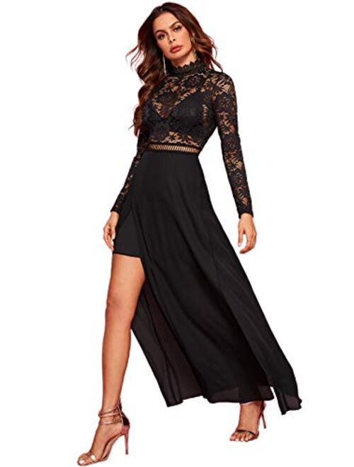 SweatyRocks Women's Sheer Lace Long Sleeve Split Maxi Cocktail Long Party Dresses