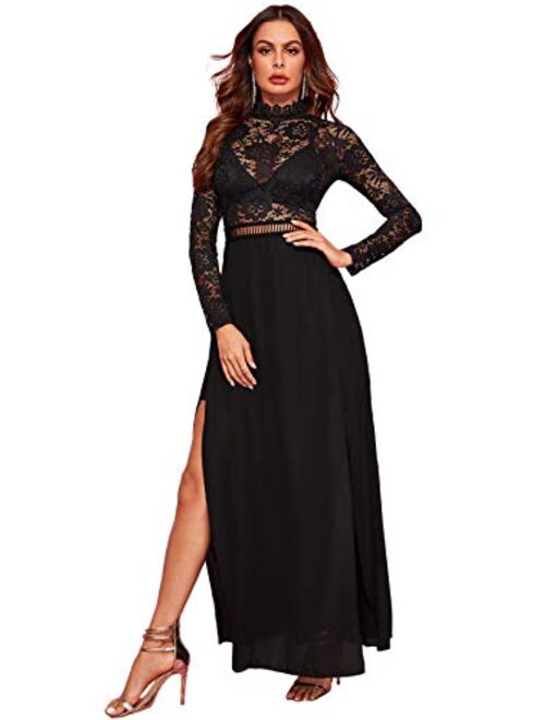 SweatyRocks Women's Sheer Lace Long Sleeve Split Maxi Cocktail Long Party Dresses