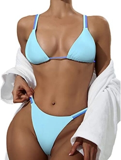 Women's 2 Piece Triangle Bathing Suit Halter Top Tie Side Thong Bikini Swimsuits