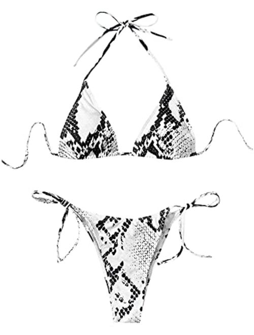 SweatyRocks Women's 2 Piece Triangle Bathing Suit Halter Top ​Tie Side Thong Bikini Swimsuits