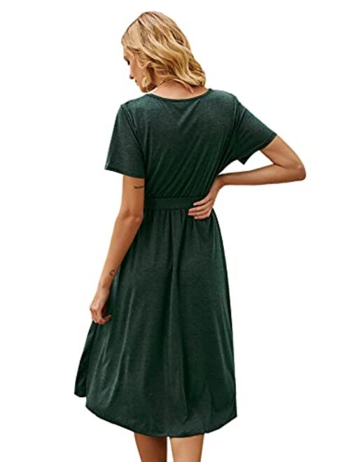 SweatyRocks Women's Short Sleeve V Neck Belted Wrap A Line Midi Dress