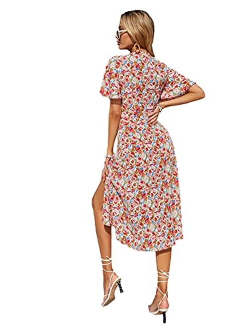 SweatyRocks Women's Floral Short Sleeve Knot Front Bodycon Midi Dress with Slits
