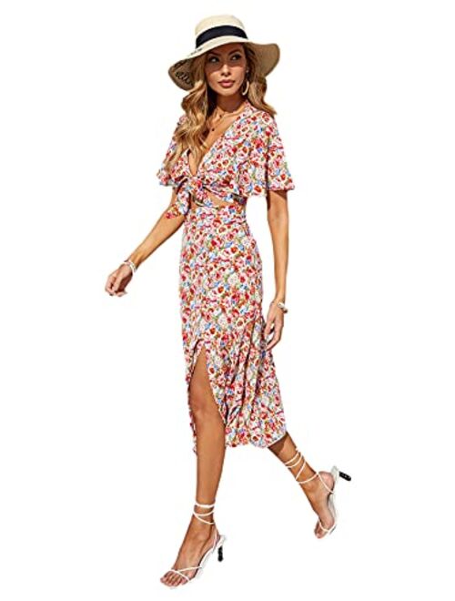 SweatyRocks Women's Floral Short Sleeve Knot Front Bodycon Midi Dress with Slits