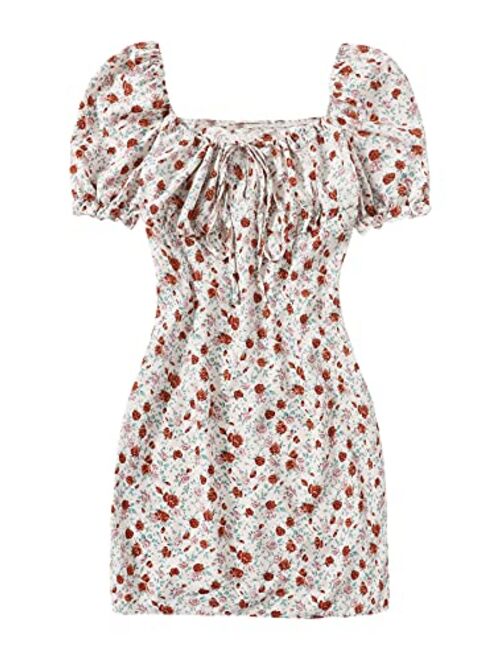 SweatyRocks Women's Floral Print Puff Short Sleeve Ruched Bodycon Mini Short Dress