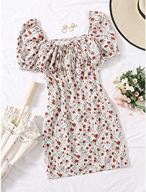 SweatyRocks Women's Floral Print Puff Short Sleeve Ruched Bodycon Mini Short Dress