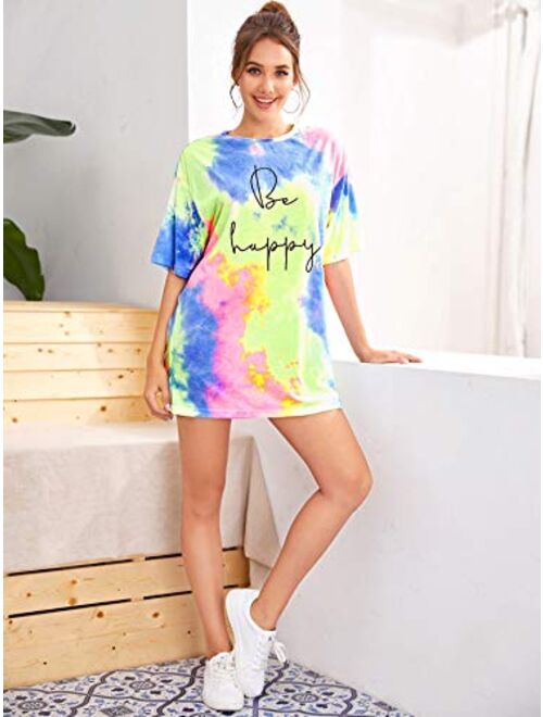 SweatyRocks Women's Loose Short Sleeve Letter Print Tie Dye Tunic Tee Shirt Dress