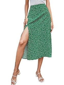 Women's Casual High Waist Boho Printed Side Split A-Line Midi Skirt