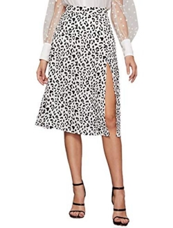 Women's Casual High Waist Boho Printed Side Split A-Line Midi Skirt