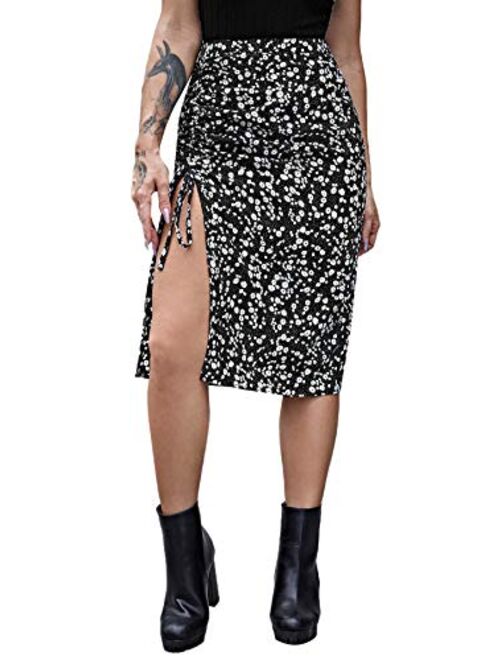 SweatyRocks Women's Casual High Waist Boho Printed Side Split A-Line Midi Skirt