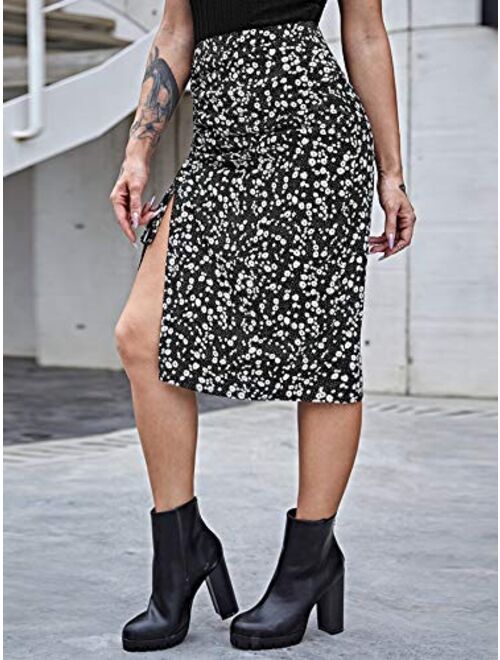 SweatyRocks Women's Casual High Waist Boho Printed Side Split A-Line Midi Skirt