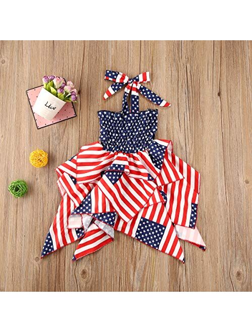 Toddler Baby Girls 4th of July Dress Halter Sleeveless American Flag Pleated Skirt Dresses Independence Day Outfit