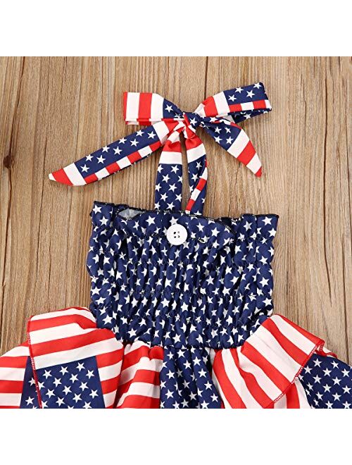 Toddler Baby Girls 4th of July Dress Halter Sleeveless American Flag Pleated Skirt Dresses Independence Day Outfit