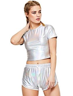 Women's Shiny Metallic Crop Top Shorts Set 2 Piece Outfit Suit