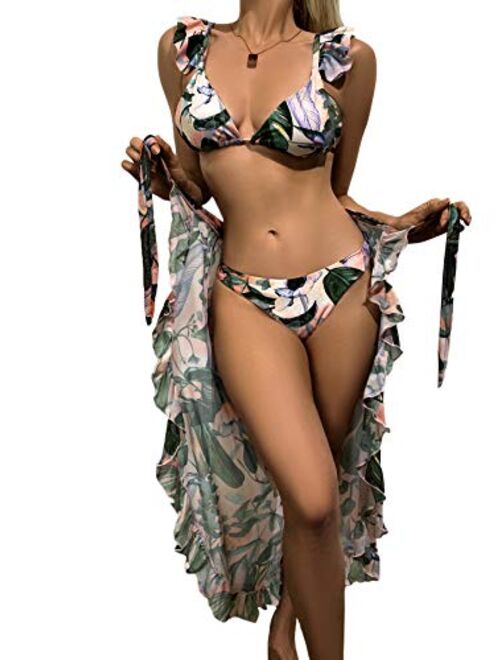 SweatyRocks Women's 3 Pieces Beach Swimsuit Tropical Ruffle Halter Bikini Swimsuit with Cover up Wrap Skirt