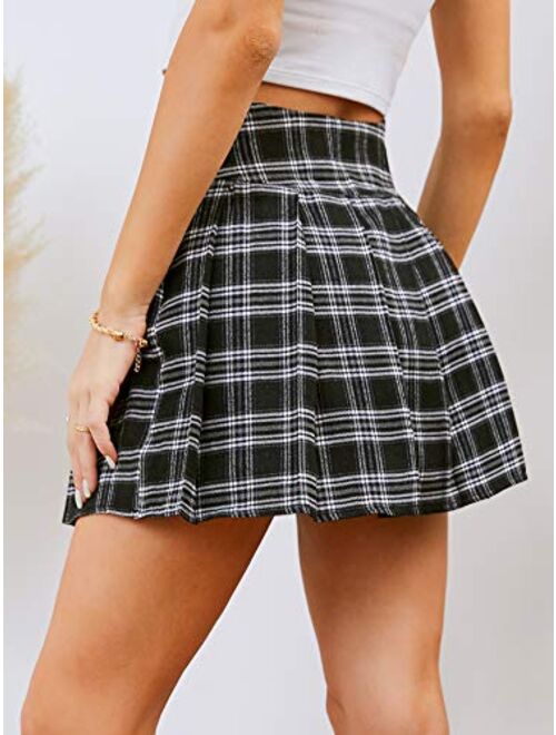 SweatyRocks Women's Plaid High Waist Pleated Flared A Line Mini Skater Skirt