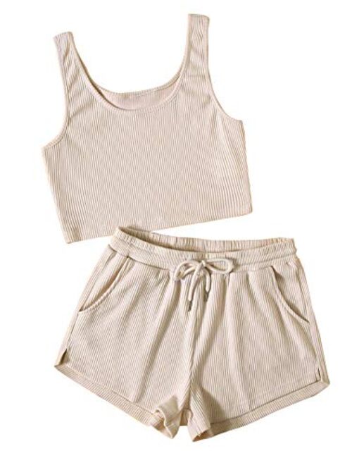 SweatyRocks Women's Suit Two Piece Outfits Sleeveless Crop Cami Top and Shorts Set