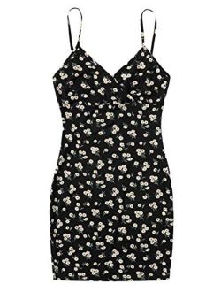 Women's Casual Graphic Print V Neck Spaghetti Strap Bodycon Cami Mini Dress