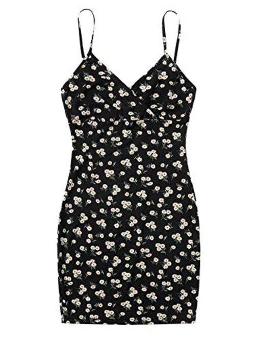 SweatyRocks Women's Casual Graphic Print V Neck Spaghetti Strap Bodycon Cami Mini Dress