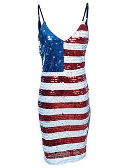 Anna-Kaci Spaghetti Strap Sleeveless USA American Flag Patriotic Sequin Dress