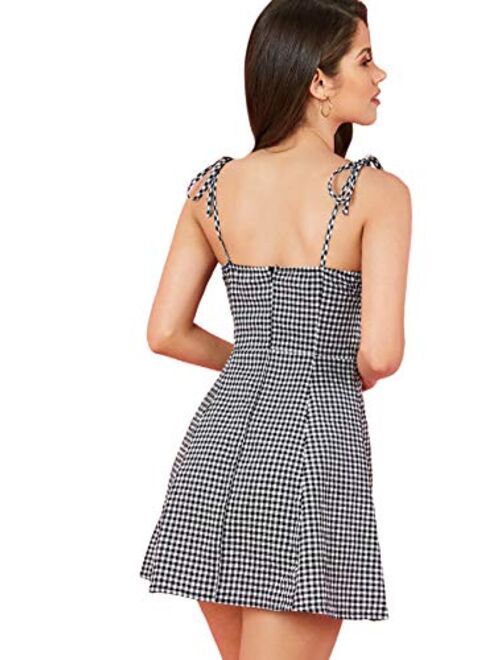 SweatyRocks Women's Spaghetti Strap Lace Up Back Casual Short Mini Gingham Dress