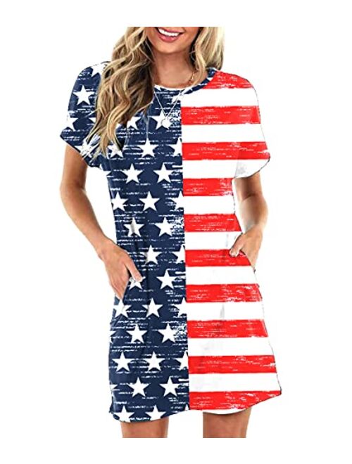 Deerose Womens July 4th American Flag Short Sleeve Dress with Pocket